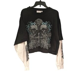 Daisy Street Women MD Black White Layered Graphic Tee‎ Skull Rose Cross Gothic